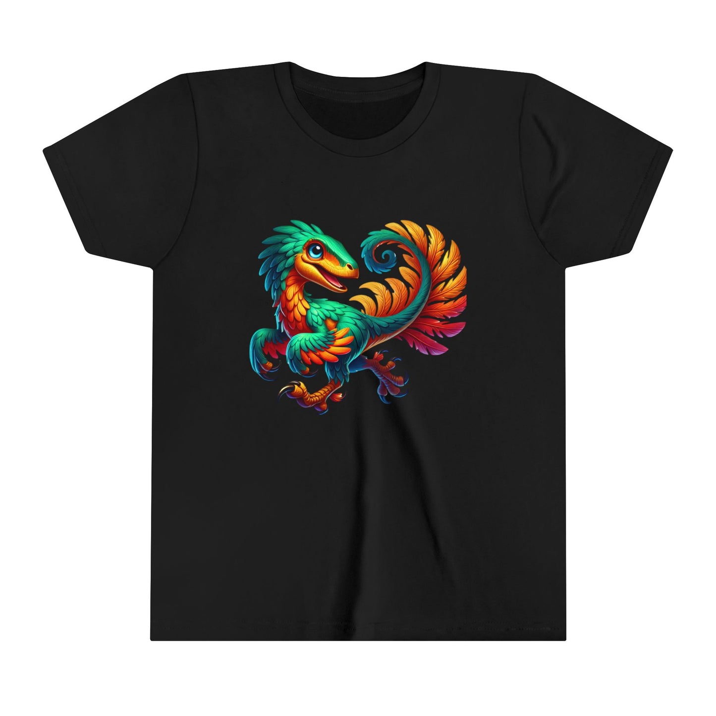 Youth Exotic Rainbow-Feathered Velociraptor  – Stunningly Realistic & Playful - Unisex Jersey Short Sleeve Tee Super Comfy Dino T-Shirt Gift