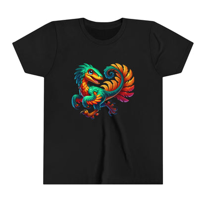 Youth Exotic Rainbow-Feathered Velociraptor  – Stunningly Realistic & Playful - Unisex Jersey Short Sleeve Tee Super Comfy Dino T-Shirt Gift