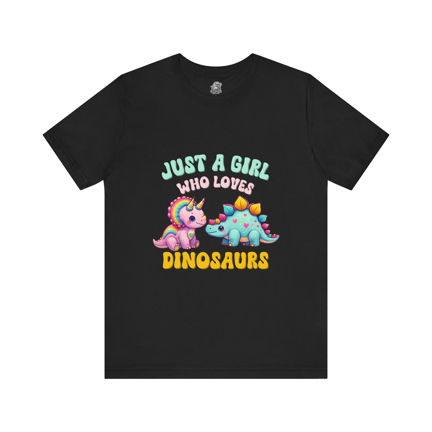 Just a Girl Who Loves Dinosaurs Unisex T-Shirt – Rainbow Triceratops & Colorful Stegosaurus Design