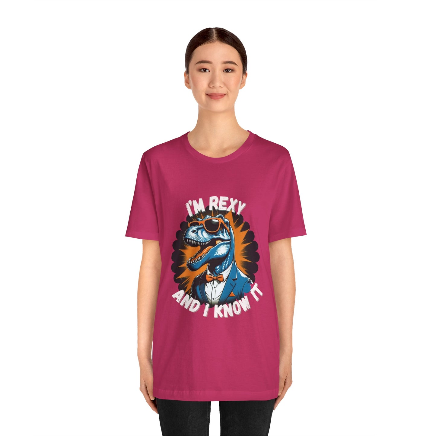 Rockin’ Rex – I’m Rexy and I Know It Unisex T-Shirt with Cool T-Rex in a Suit & Shades