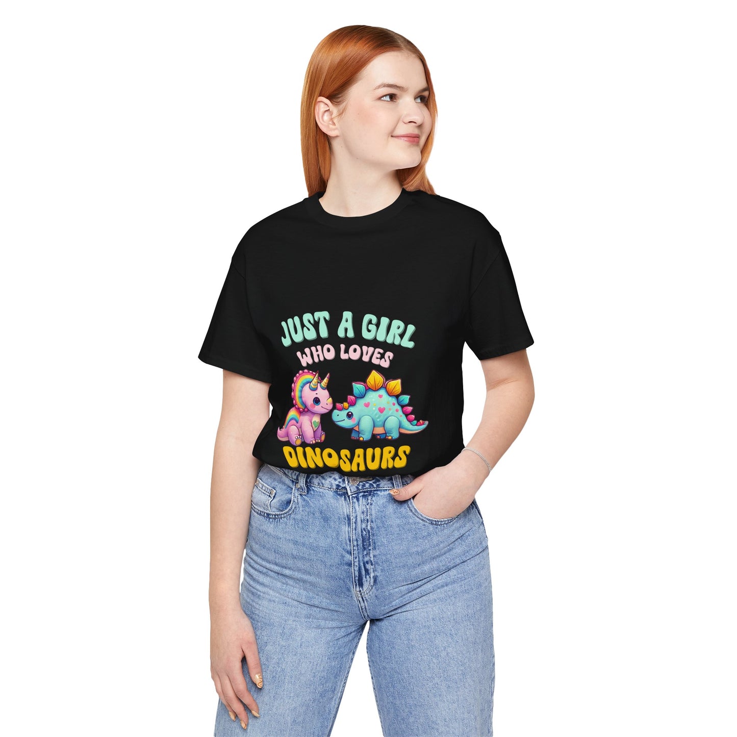 Just a Girl Who Loves Dinosaurs Unisex T-Shirt – Rainbow Triceratops & Colorful Stegosaurus Design