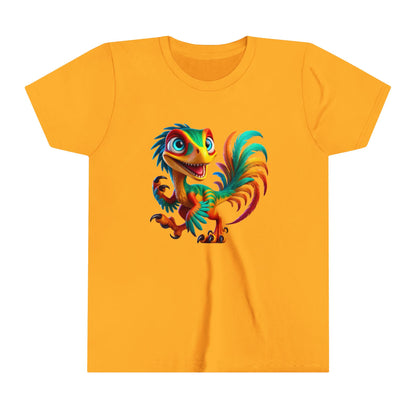 Youth Colorful & Lively Velociraptor with Vibrant Feathers – Perfect for Dino Lovers! - Unisex Jersey Short Sleeve Tee Super Comfy Dino T-Shirt Gift