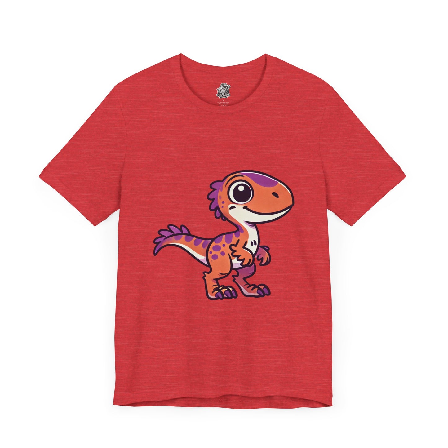 Adorable Cartoon Velociraptor Tee – Cute Dino Fun for All Ages! 🦖💜🧡 - Unisex Jersey Short Sleeve Tee Super Comfy Dino T-Shirt Gift