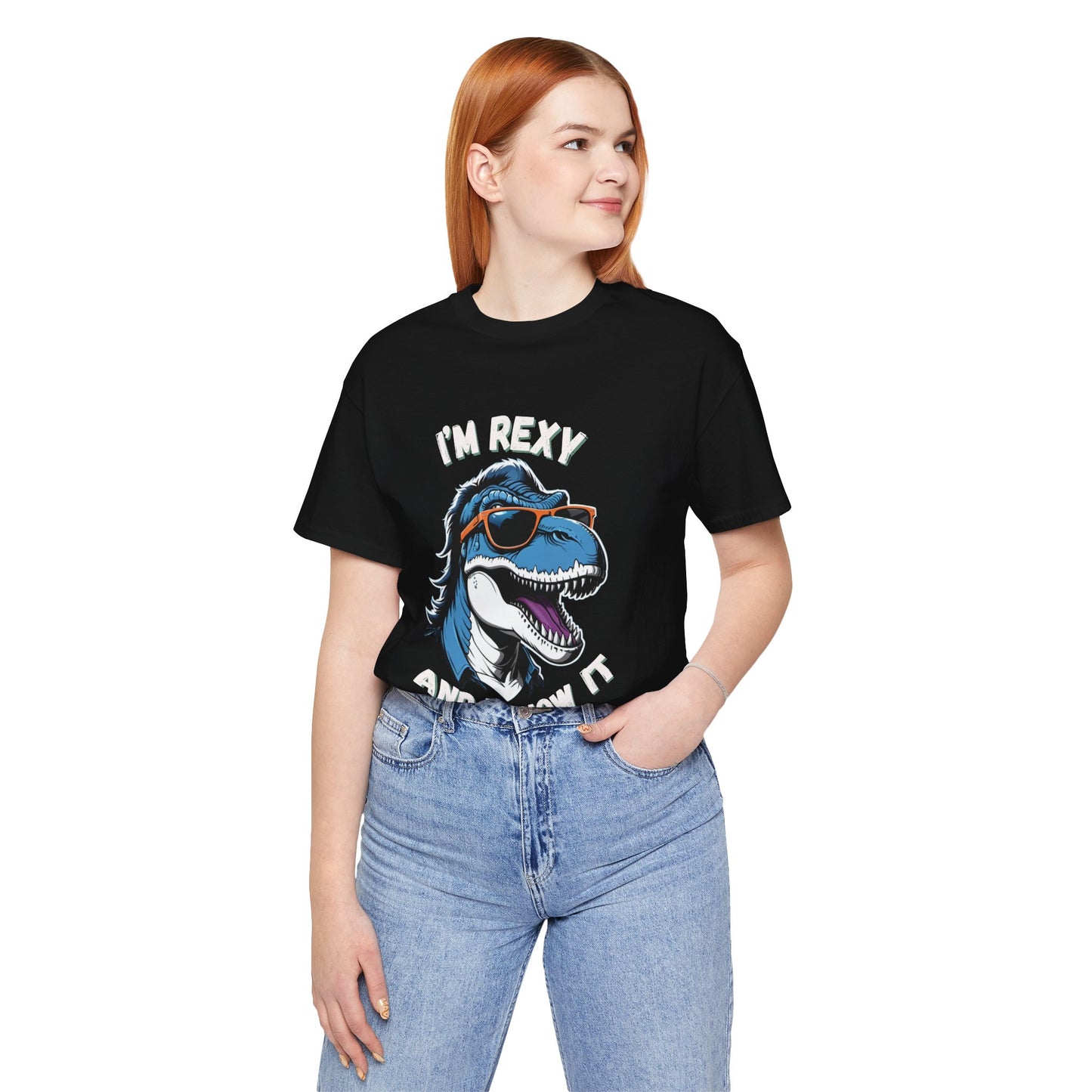 Rockstar Rex – I’m Rexy and I Know It Unisex T-Shirt with Cool T-Rex in Sunglasses & Hair