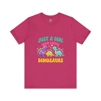 Just a Girl Who Loves Dinosaurs Unisex T-Shirt – Vibrant Dino Trio with Hearts & Flowers Design