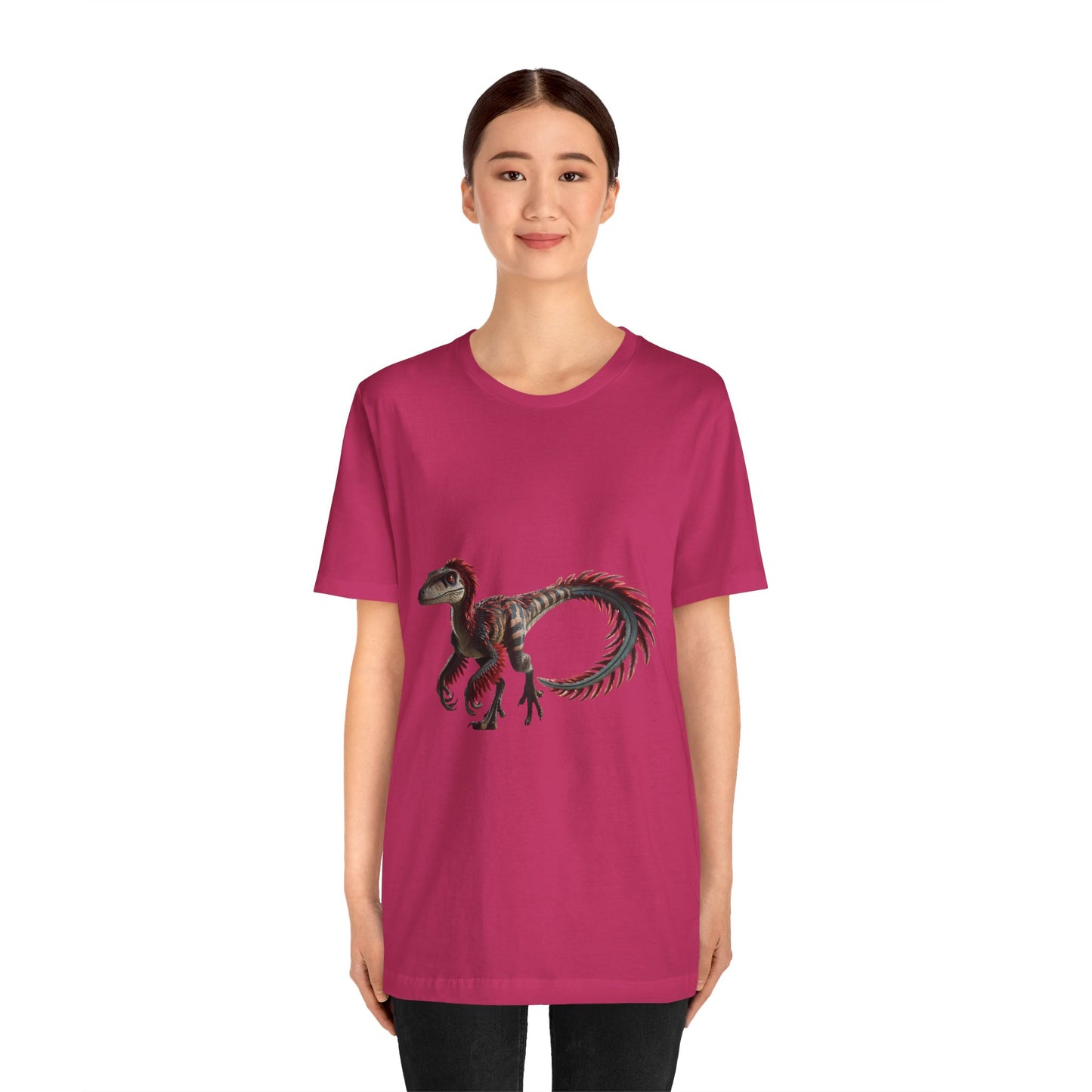 Fierce & Fiery Feathered Velociraptor Tee – Unleash Bold Dino Energy! 🦖🔥🌺 - Unisex Jersey Short Sleeve Tee Super Comfy Dino T-Shirt Gift