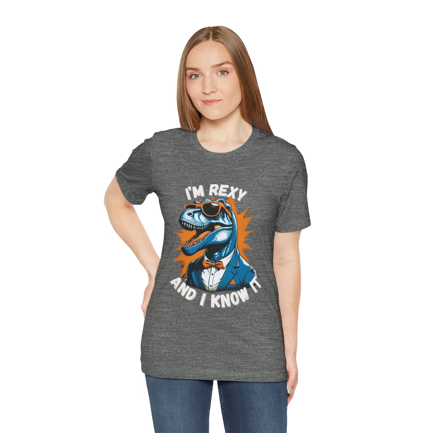 Suave Rex – I’m Rexy and I Know It Unisex T-Shirt with Stylish T-Rex in Shades & Suit