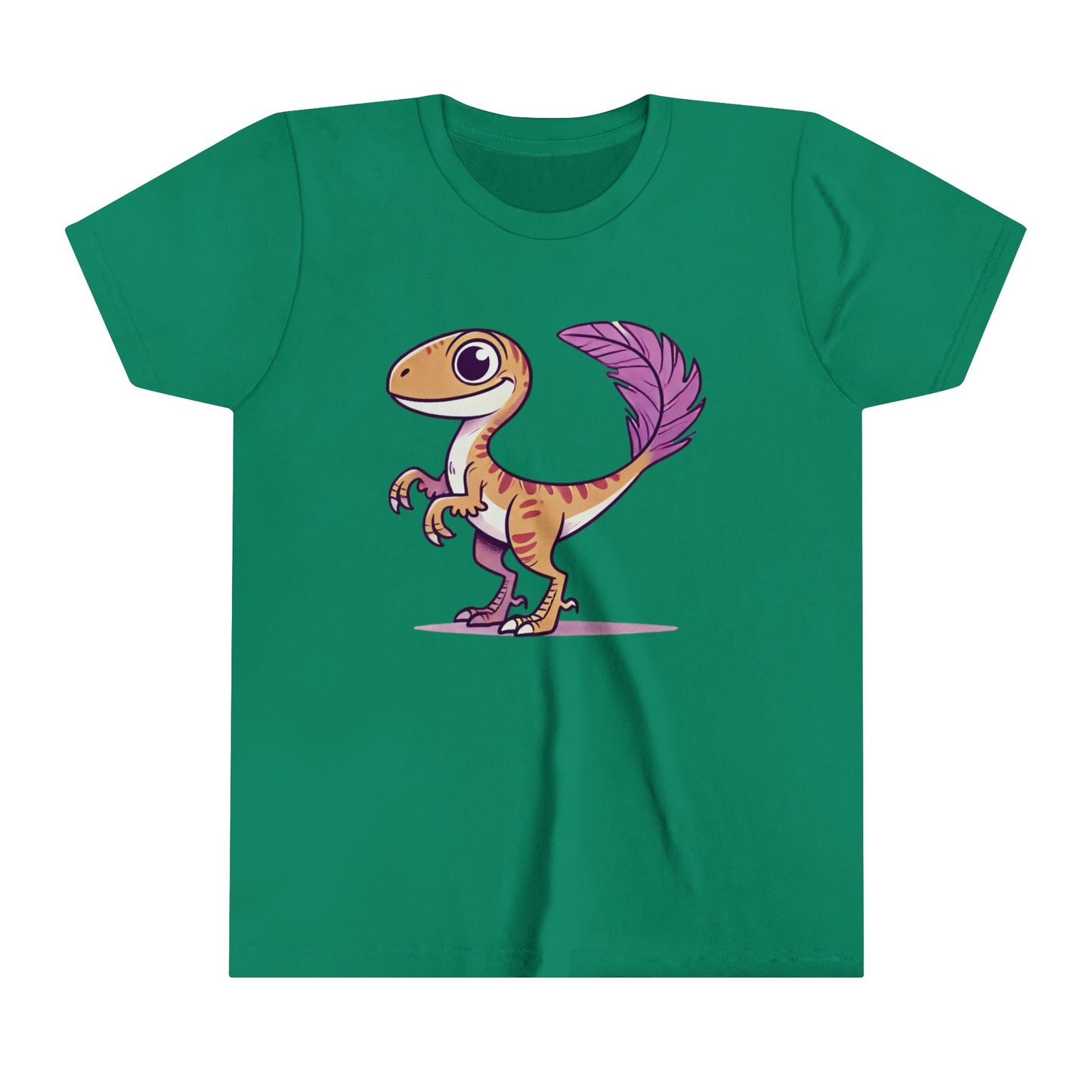 Youth Friendly Feathered Velociraptor Tee – Cute Dino Style with a Splash of Color! 🦖💜🍃 - Unisex Jersey Short Sleeve Tee Super Comfy Dino T-Shirt Gift