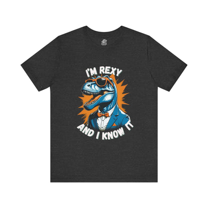 Suave Rex – I’m Rexy and I Know It Unisex T-Shirt with Stylish T-Rex in Shades & Suit