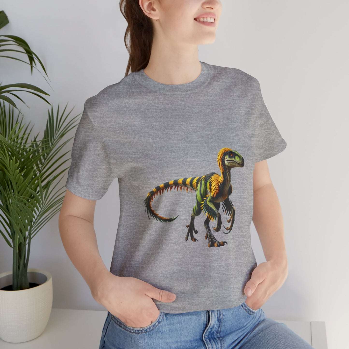 Vibrant Jungle Velociraptor Tee – Bold Green & Yellow Dino Style! 🦖🌿🔥 - Unisex Jersey Short Sleeve Tee Super Comfy Dino T-Shirt Gift