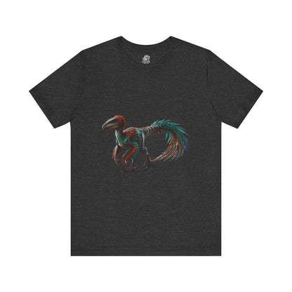 Stunning Feathered Velociraptor Tee – Bold Jungle Colors & Fierce Dino Style! 🦖🍂🌌 - Unisex Jersey Short Sleeve Tee Super Comfy Dino T-Shirt Gift