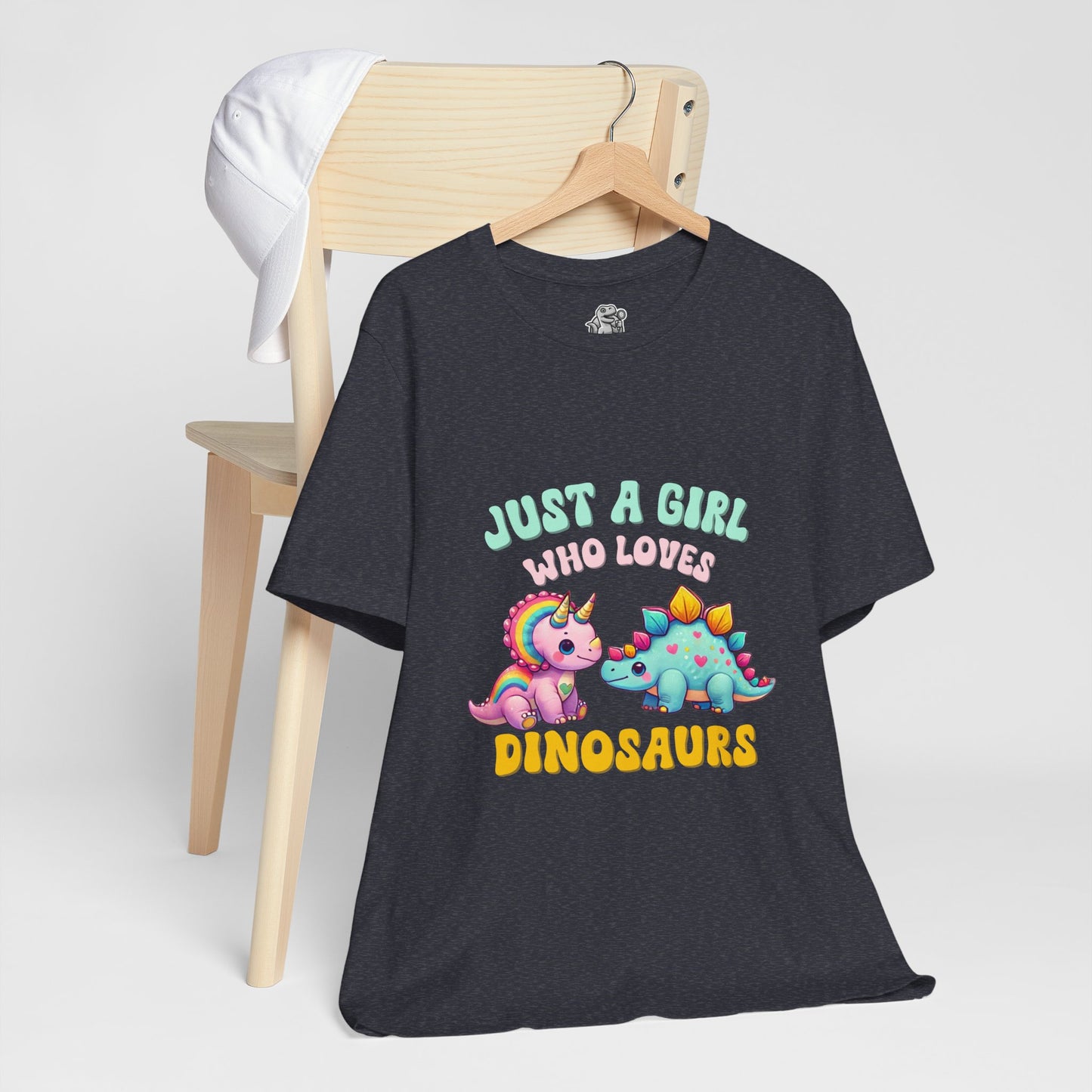 Just a Girl Who Loves Dinosaurs Unisex T-Shirt – Rainbow Triceratops & Colorful Stegosaurus Design