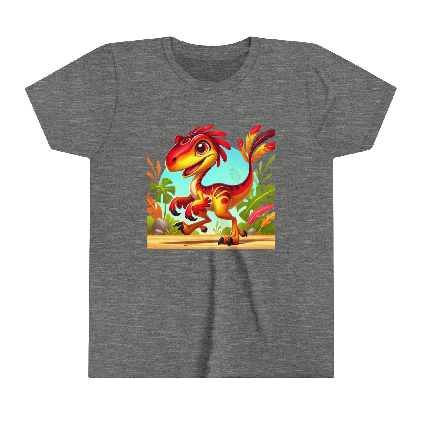 Youth Vibrant Jungle Velociraptor Tee – Fun, Fierce, and Full of Color! 🦖🌺🌿 - Unisex Jersey Short Sleeve Tee Super Comfy Dino T-Shirt Gift