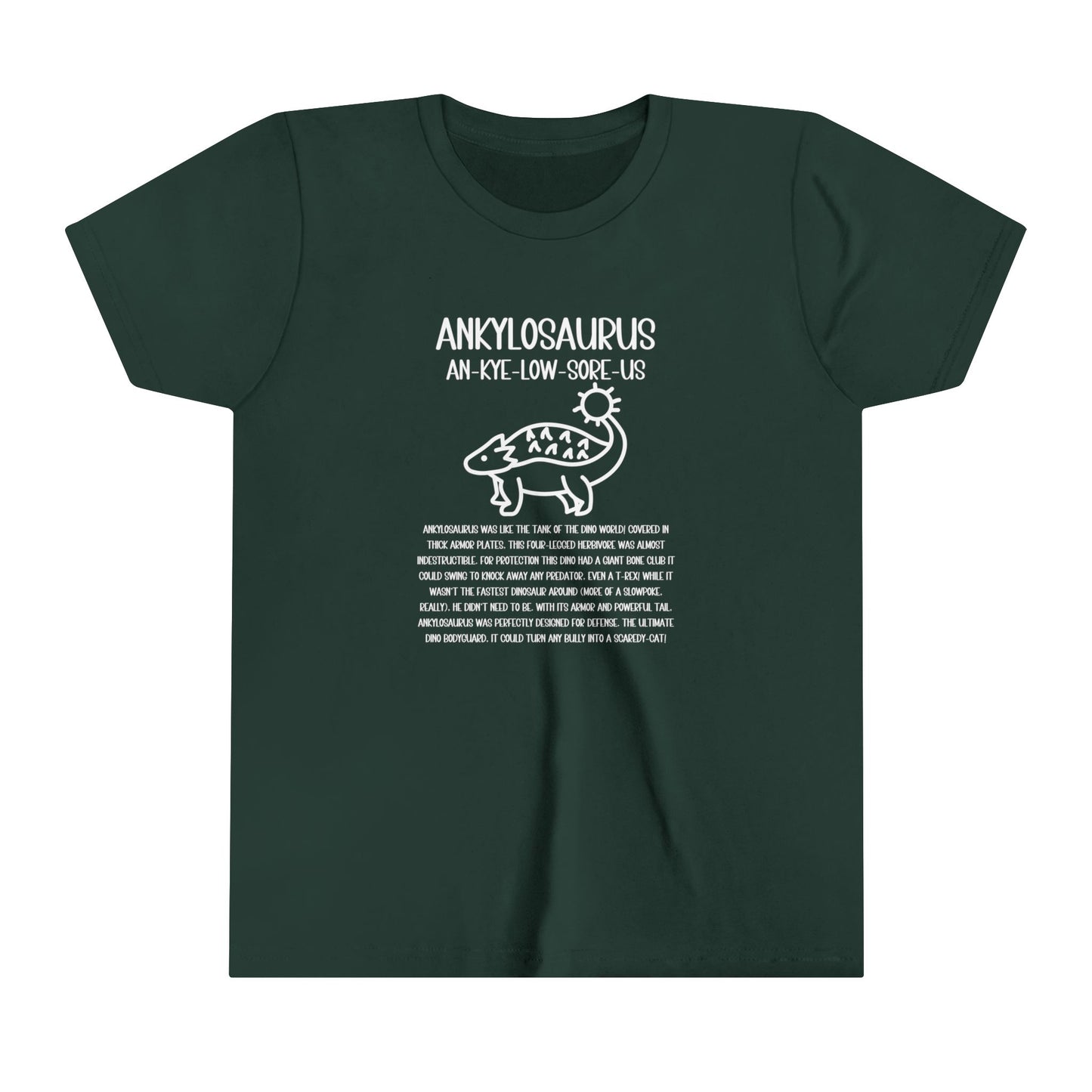 Youth Cute Ankylosaurus T-Shirt with Detailed White Graphics - Unisex Jersey Short Sleeve Tee Super Comfy Dino T-Shirt Gift