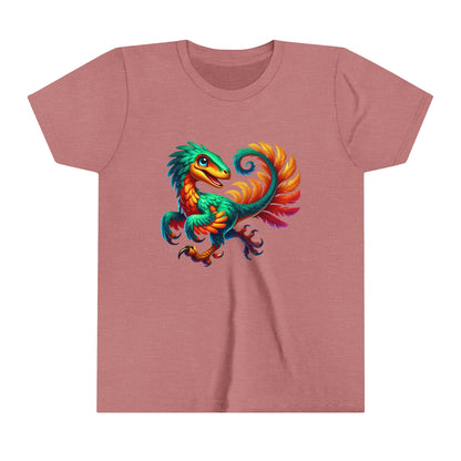 Youth Exotic Rainbow-Feathered Velociraptor  – Stunningly Realistic & Playful - Unisex Jersey Short Sleeve Tee Super Comfy Dino T-Shirt Gift