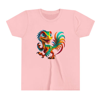 Youth Colorful & Lively Velociraptor with Vibrant Feathers – Perfect for Dino Lovers! - Unisex Jersey Short Sleeve Tee Super Comfy Dino T-Shirt Gift