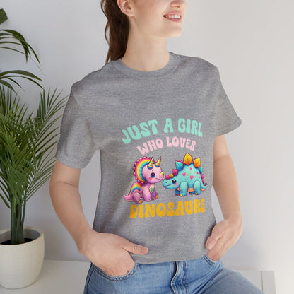 Just a Girl Who Loves Dinosaurs Unisex T-Shirt – Rainbow Triceratops & Colorful Stegosaurus Design