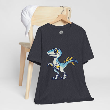 Playful Blue & Yellow Velociraptor Tee – Dino Fun for All Ages! 🦖💙💛 - Unisex Jersey Short Sleeve Tee Super Comfy Dino T-Shirt Gift