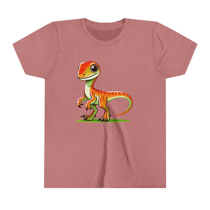 Youth Playful Green Velociraptor Tee – Cute Dino Style with a Splash of Fun! 🦖🍂🌿 - Unisex Jersey Short Sleeve Tee Super Comfy Dino T-Shirt Gift