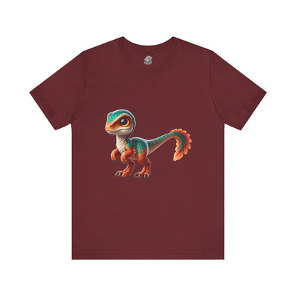 Adorable Scaled Velociraptor Tee – Vibrant Dino Charm in Teal & Orange! 🦖🍃🔥 - Unisex Jersey Short Sleeve Tee Super Comfy Dino T-Shirt Gift