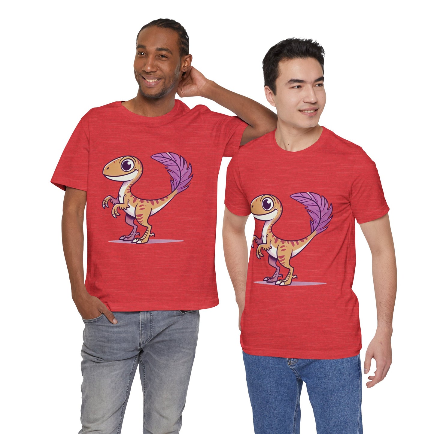 Friendly Feathered Velociraptor Tee – Cute Dino Style with a Splash of Color! 🦖💜🍃 – A Wild Splash of Style and Prehistoric Flair! 🦖💜🌿 - Unisex Jersey Short Sleeve Tee Super Comfy Dino T-Shirt Gift