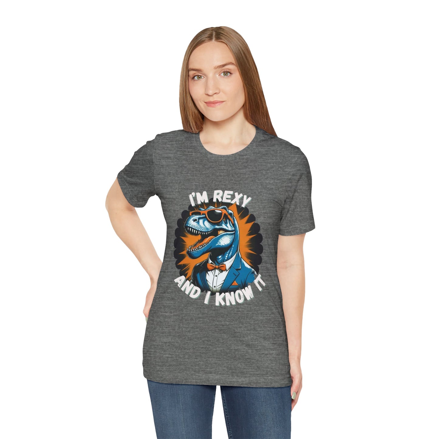 Rockin’ Rex – I’m Rexy and I Know It Unisex T-Shirt with Cool T-Rex in a Suit & Shades