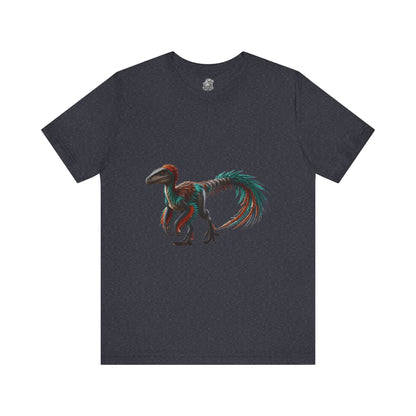 Stunning Feathered Velociraptor Tee – Bold Jungle Colors & Fierce Dino Style! 🦖🍂🌌 - Unisex Jersey Short Sleeve Tee Super Comfy Dino T-Shirt Gift