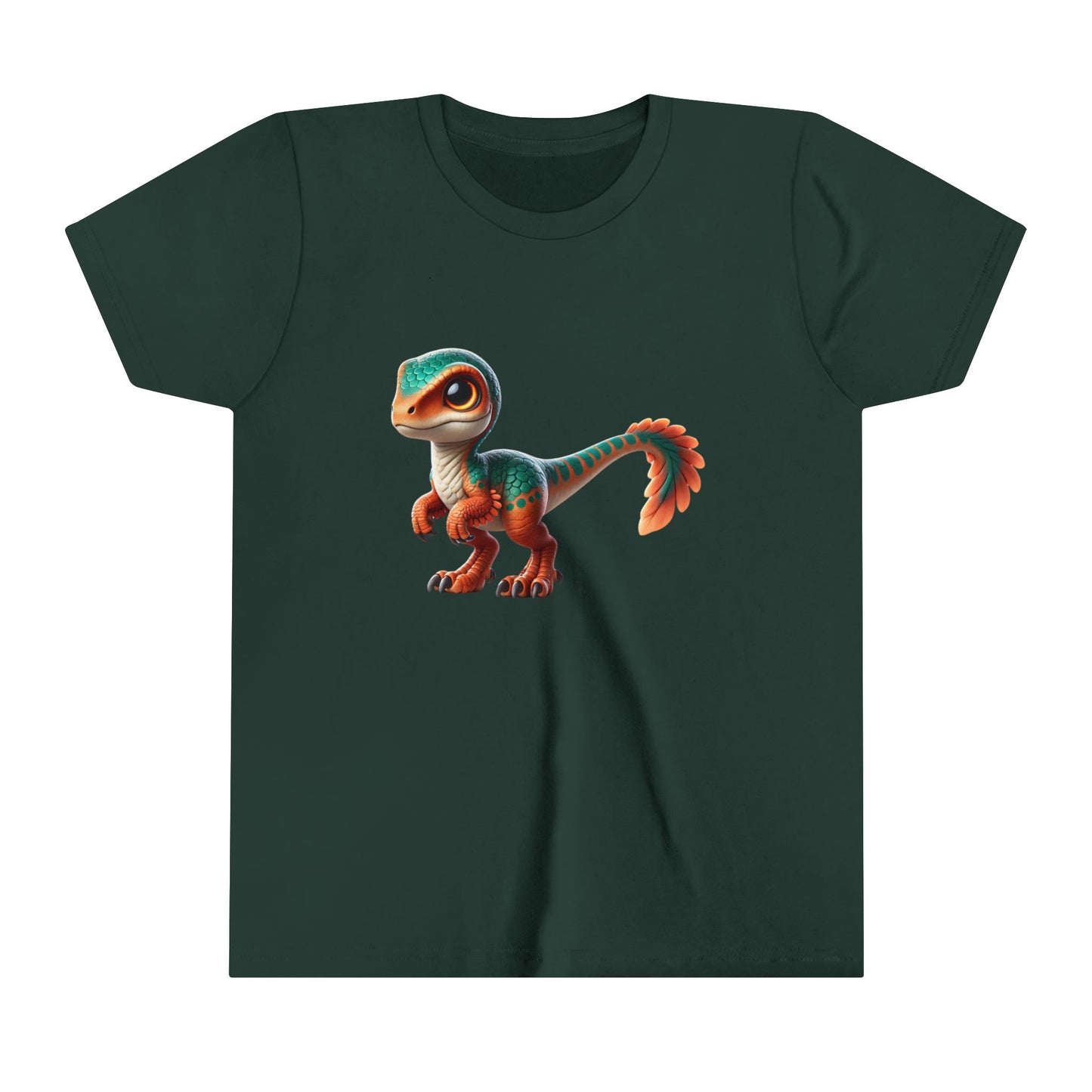 Youth Adorable Scaled Velociraptor Tee – Vibrant Dino Charm in Teal & Orange! 🦖🍃🔥 - Unisex Jersey Short Sleeve Tee Super Comfy Dino T-Shirt Gift