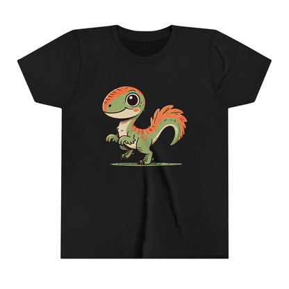 Youth Charming Green & Orange Velociraptor Tee – Dino Delight for All Ages! 🦖🍃🧡 - Unisex Jersey Short Sleeve Tee Super Comfy Dino T-Shirt Gift