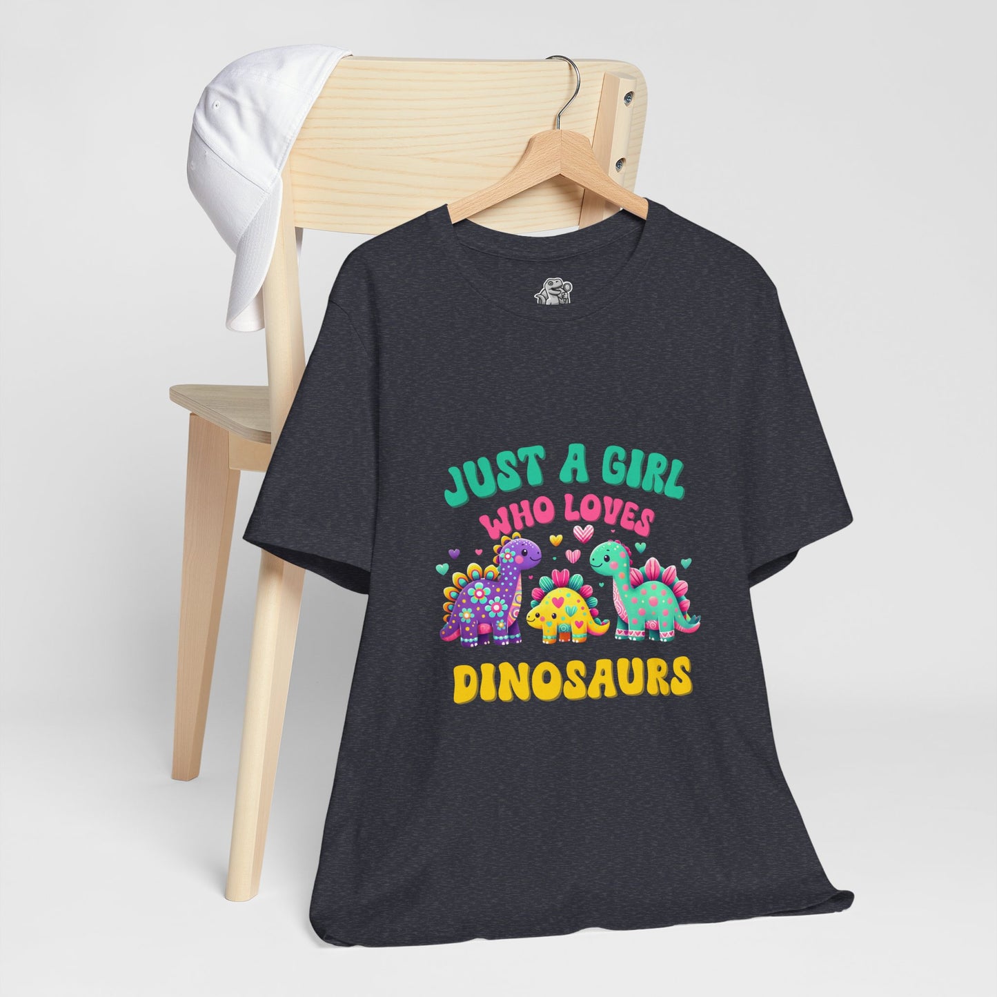 Just a Girl Who Loves Dinosaurs Unisex T-Shirt – Vibrant Dino Trio with Hearts & Flowers Design