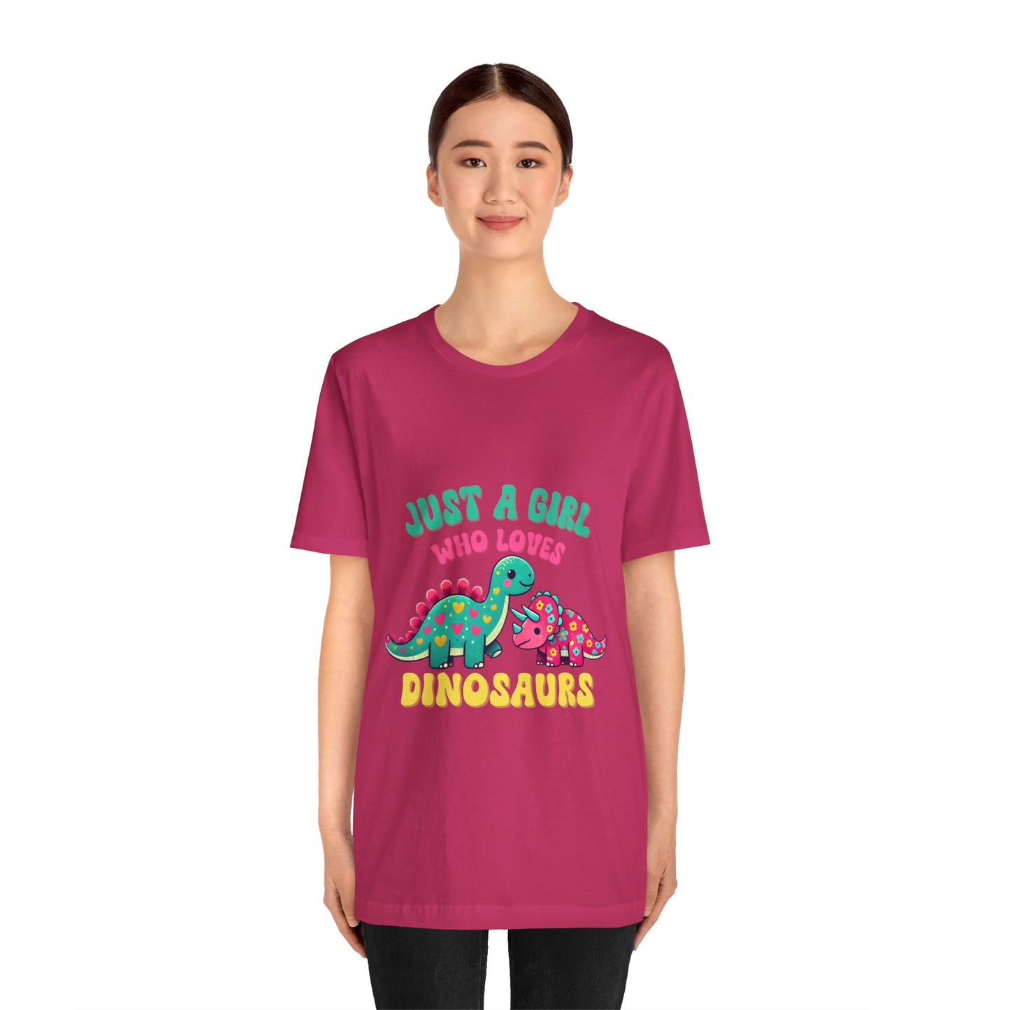 Just a Girl Who Loves Dinosaurs Unisex T-Shirt – Colorful Hearts, Flowers & Cute Dino Design