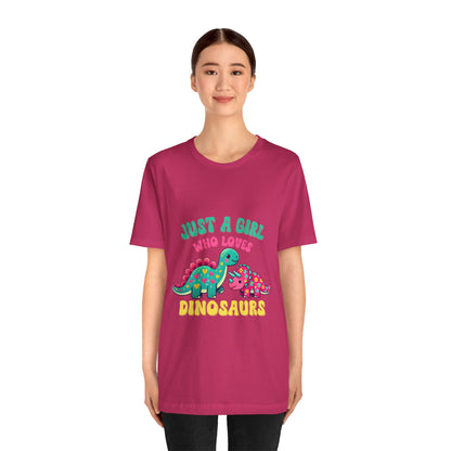 Just a Girl Who Loves Dinosaurs Unisex T-Shirt – Colorful Hearts, Flowers & Cute Dino Design