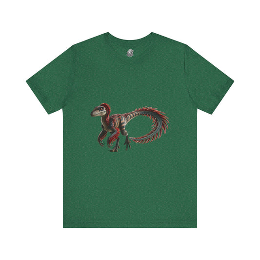 Fierce & Fiery Feathered Velociraptor Tee – Unleash Bold Dino Energy! 🦖🔥🌺 - Unisex Jersey Short Sleeve Tee Super Comfy Dino T-Shirt Gift