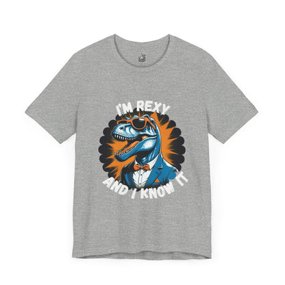 Rockin’ Rex – I’m Rexy and I Know It Unisex T-Shirt with Cool T-Rex in a Suit & Shades