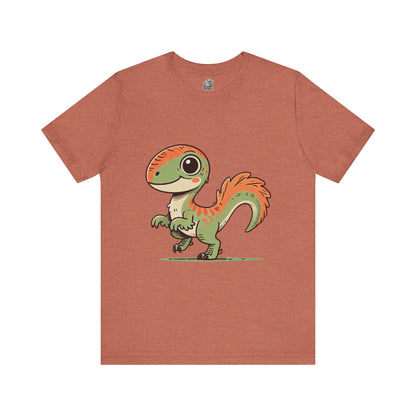 Charming Green & Orange Velociraptor Tee – Dino Delight for All Ages! 🦖🍃🧡 - Unisex Jersey Short Sleeve Tee Super Comfy Dino T-Shirt Gift