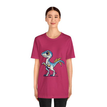 Playful Blue & Yellow Velociraptor Tee – Dino Fun for All Ages! 🦖💙💛 - Unisex Jersey Short Sleeve Tee Super Comfy Dino T-Shirt Gift