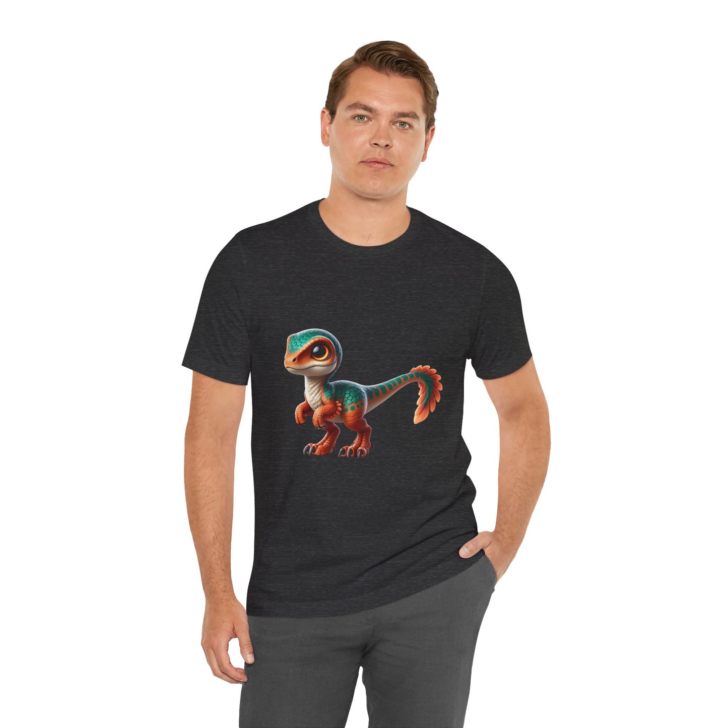 Adorable Scaled Velociraptor Tee – Vibrant Dino Charm in Teal & Orange! 🦖🍃🔥 - Unisex Jersey Short Sleeve Tee Super Comfy Dino T-Shirt Gift