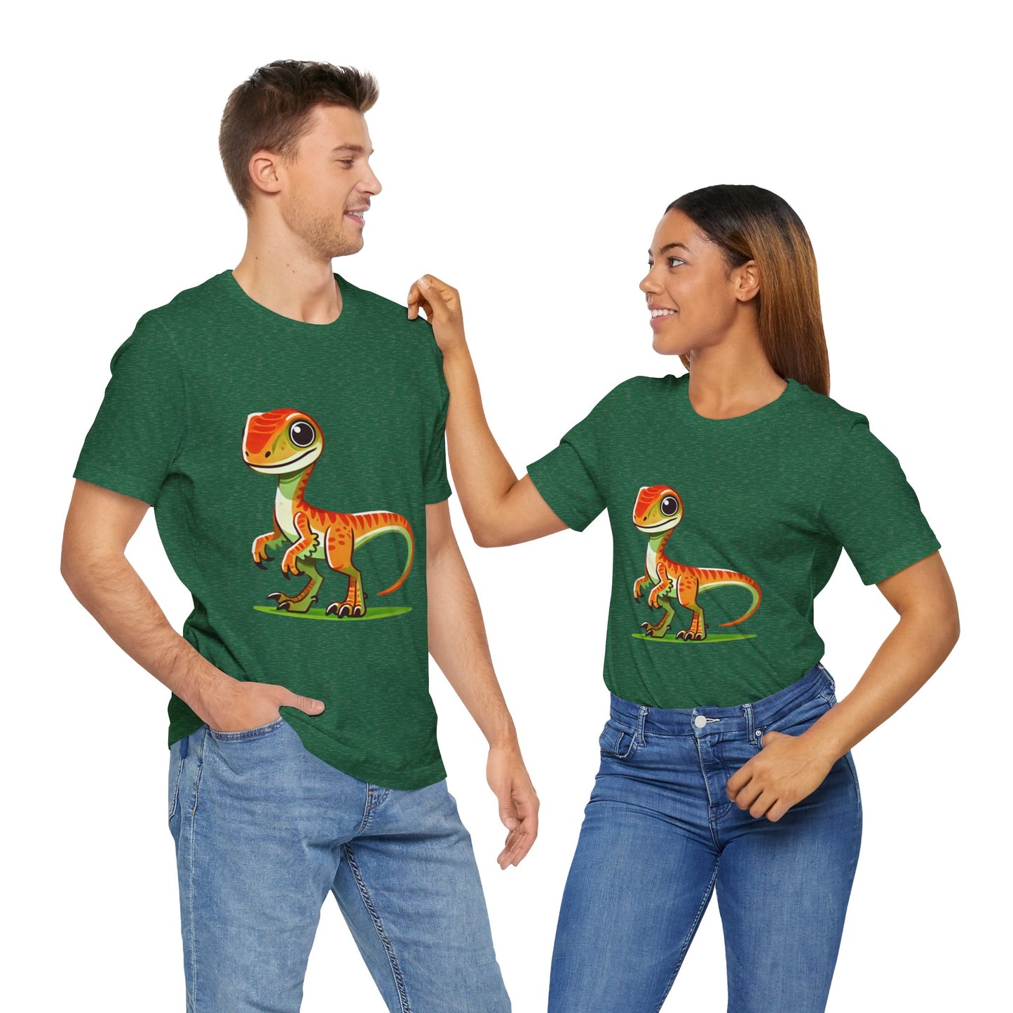 Bright & Bold Velociraptor Tee – Adorable Dino Fun in Orange & Green! 🦖🍊🌿 - Unisex Jersey Short Sleeve Tee Super Comfy Dino T-Shirt Gift