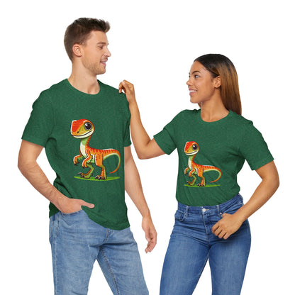 Bright & Bold Velociraptor Tee – Adorable Dino Fun in Orange & Green! 🦖🍊🌿 - Unisex Jersey Short Sleeve Tee Super Comfy Dino T-Shirt Gift