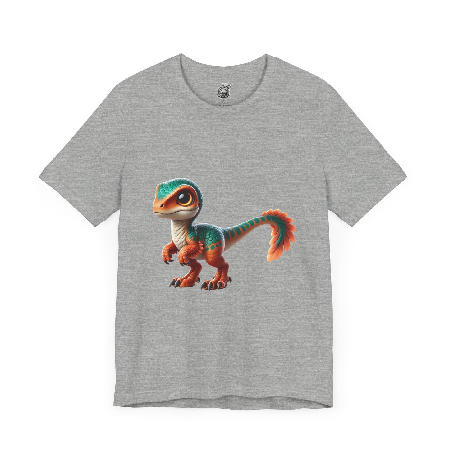 Adorable Scaled Velociraptor Tee – Vibrant Dino Charm in Teal & Orange! 🦖🍃🔥 - Unisex Jersey Short Sleeve Tee Super Comfy Dino T-Shirt Gift