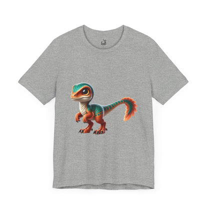 Adorable Scaled Velociraptor Tee – Vibrant Dino Charm in Teal & Orange! 🦖🍃🔥 - Unisex Jersey Short Sleeve Tee Super Comfy Dino T-Shirt Gift