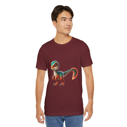 Adorable Scaled Velociraptor Tee – Vibrant Dino Charm in Teal & Orange! 🦖🍃🔥 - Unisex Jersey Short Sleeve Tee Super Comfy Dino T-Shirt Gift