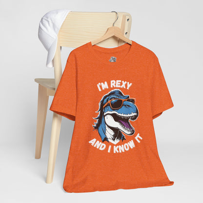 Rockstar Rex – I’m Rexy and I Know It Unisex T-Shirt with Cool T-Rex in Sunglasses & Hair