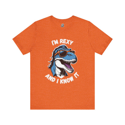 Rockstar Rex – I’m Rexy and I Know It Unisex T-Shirt with Cool T-Rex in Sunglasses & Hair