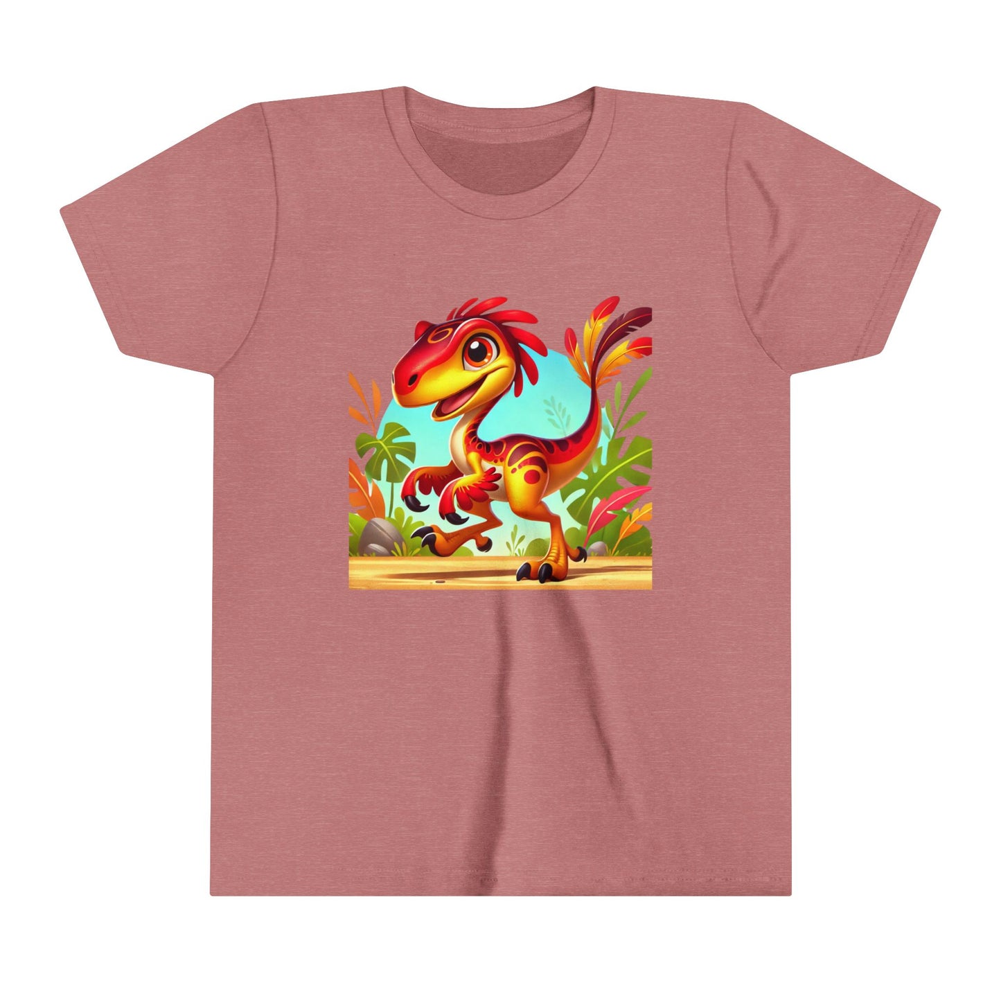 Youth Vibrant Jungle Velociraptor Tee – Fun, Fierce, and Full of Color! 🦖🌺🌿 - Unisex Jersey Short Sleeve Tee Super Comfy Dino T-Shirt Gift