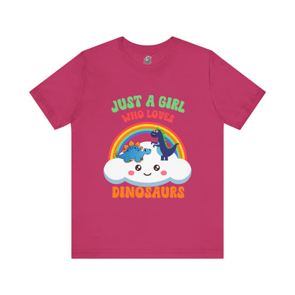 Just a Girl Who Loves Dinosaurs Unisex T-Shirt – Adorable Rainbow, Kawaii Cloud, and Fun Cartoon Dino Design