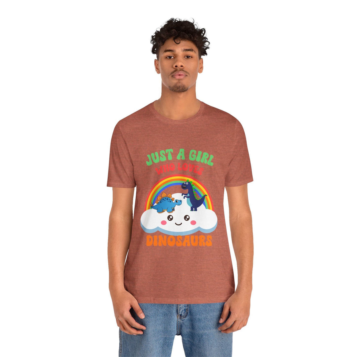 Just a Girl Who Loves Dinosaurs Unisex T-Shirt – Adorable Rainbow, Kawaii Cloud, and Fun Cartoon Dino Design