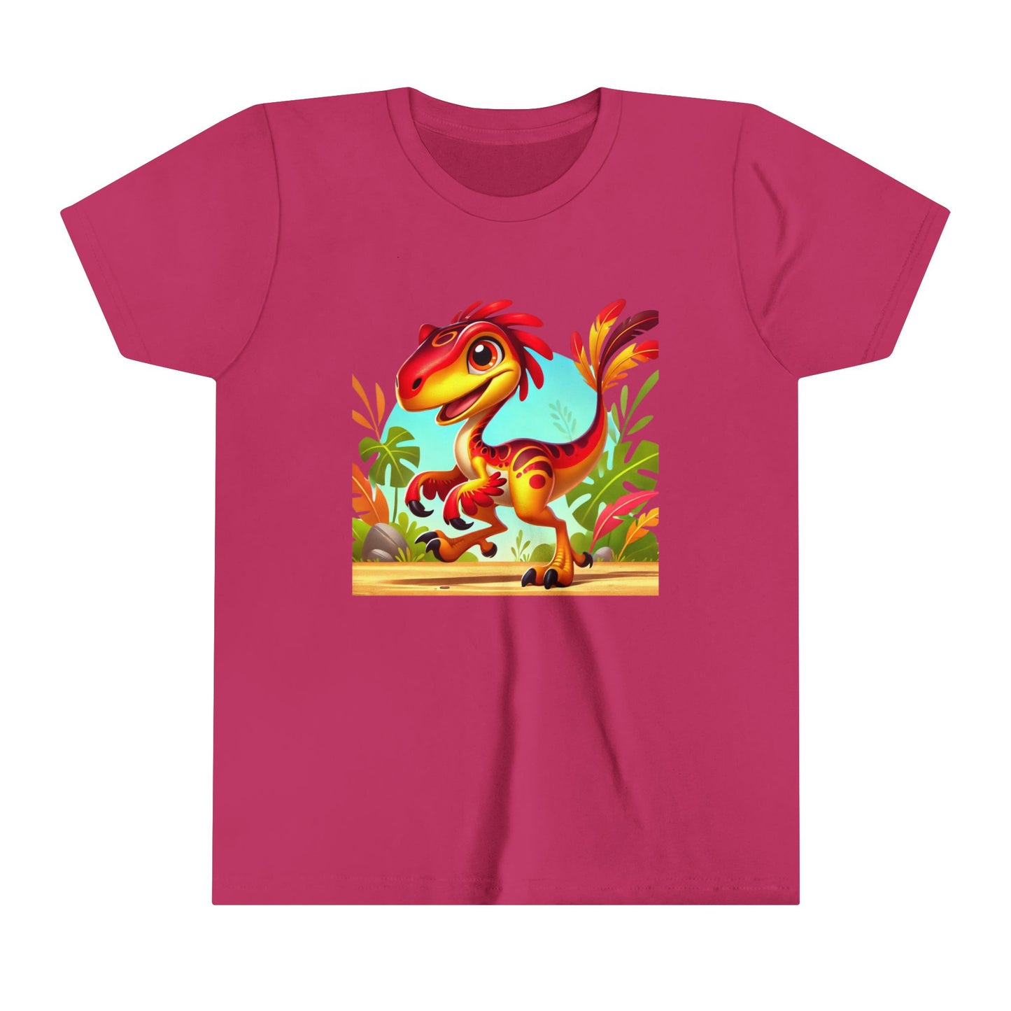 Youth Vibrant Jungle Velociraptor Tee – Fun, Fierce, and Full of Color! 🦖🌺🌿 - Unisex Jersey Short Sleeve Tee Super Comfy Dino T-Shirt Gift