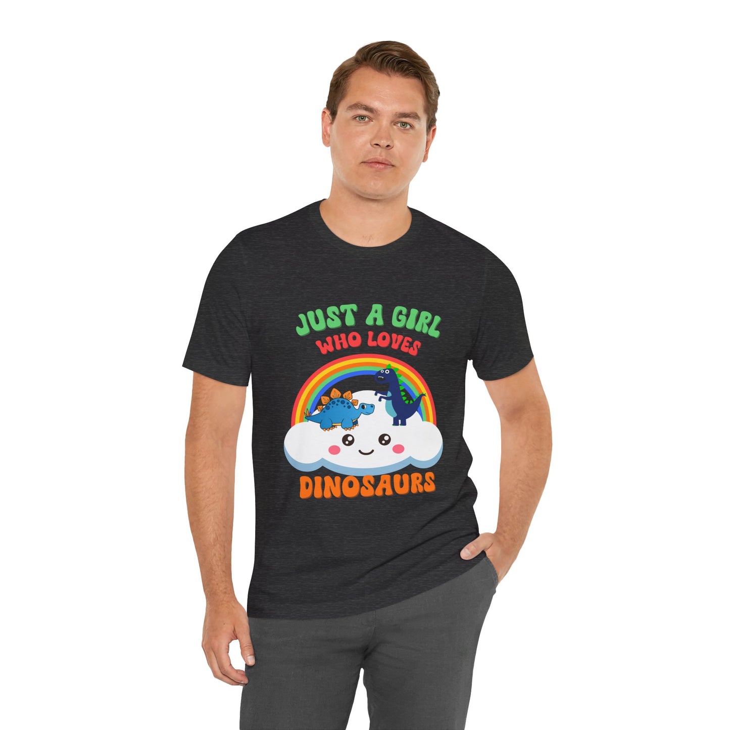 Just a Girl Who Loves Dinosaurs Unisex T-Shirt – Adorable Rainbow, Kawaii Cloud, and Fun Cartoon Dino Design