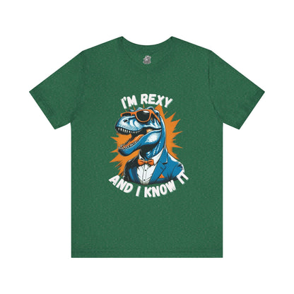 Suave Rex – I’m Rexy and I Know It Unisex T-Shirt with Stylish T-Rex in Shades & Suit